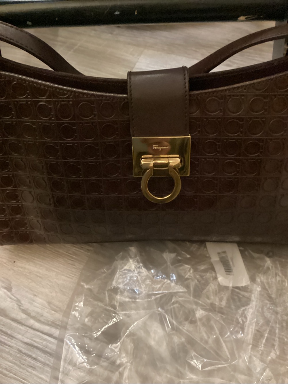 Salvatore Ferragamo Dark Brown Embossed Leather Shoulder Bag with Gold Hardware - Picture 4 of 5
